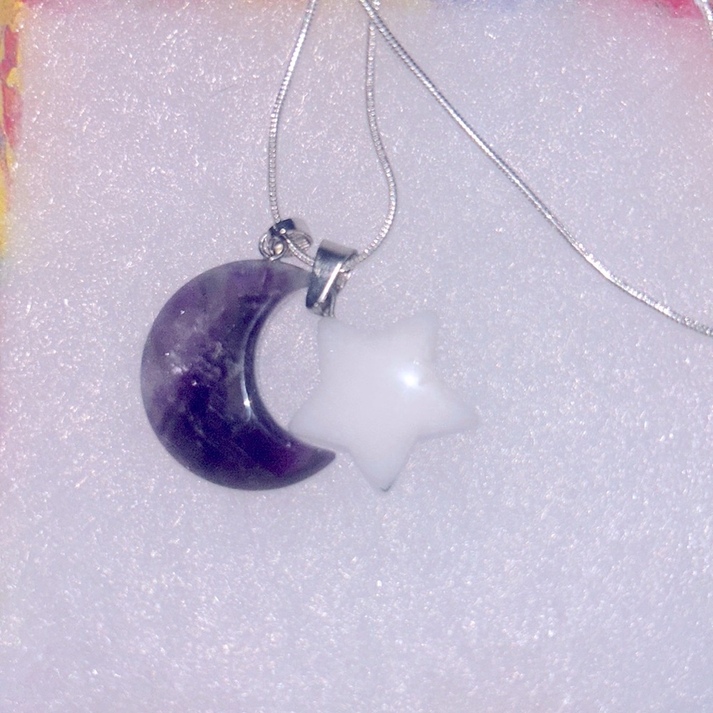Boho hippie Amethyst Moon and Howlite Crystal Star Sterling Silv…